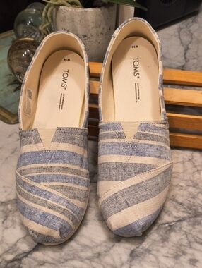Toms Blue and Cream Striped Canvas Slip-Ons (Women)